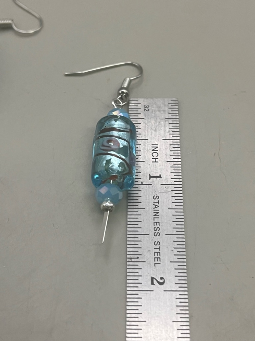 Handmade Blue Lampwork Glass Dangle Earrings Silver Tone Artisan Boho - Picture 2 of 3